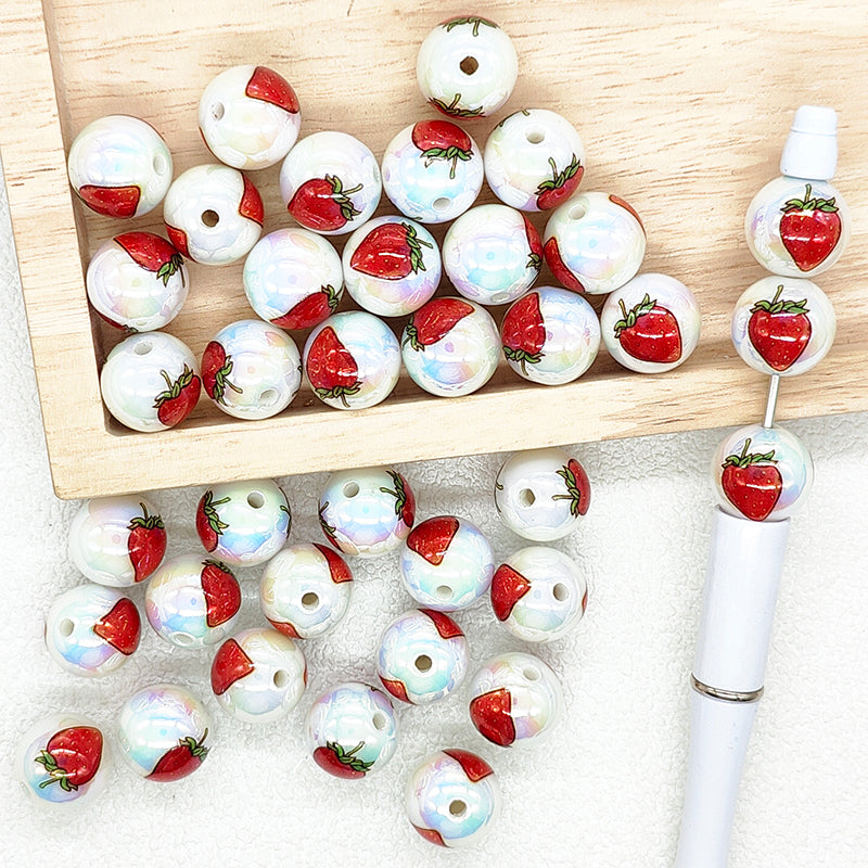 16mm Strawberry Print Iridescent Acrylic Beads Bulk