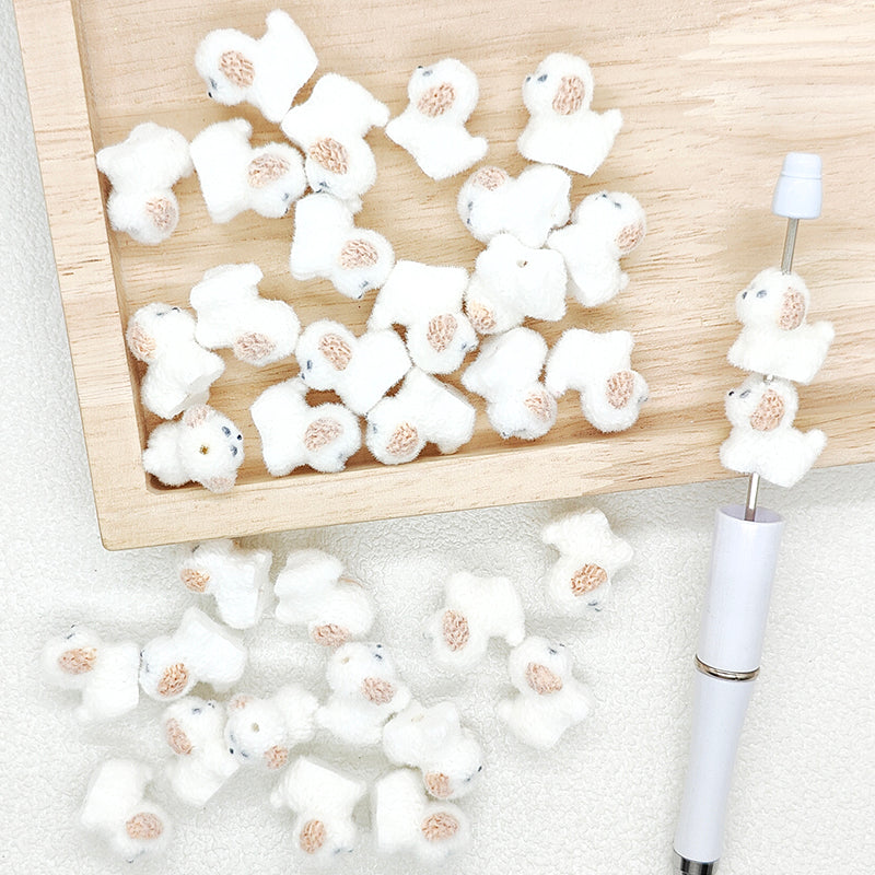3D Flocked White Dog Focal Acrylic Beads,Puppy Beads