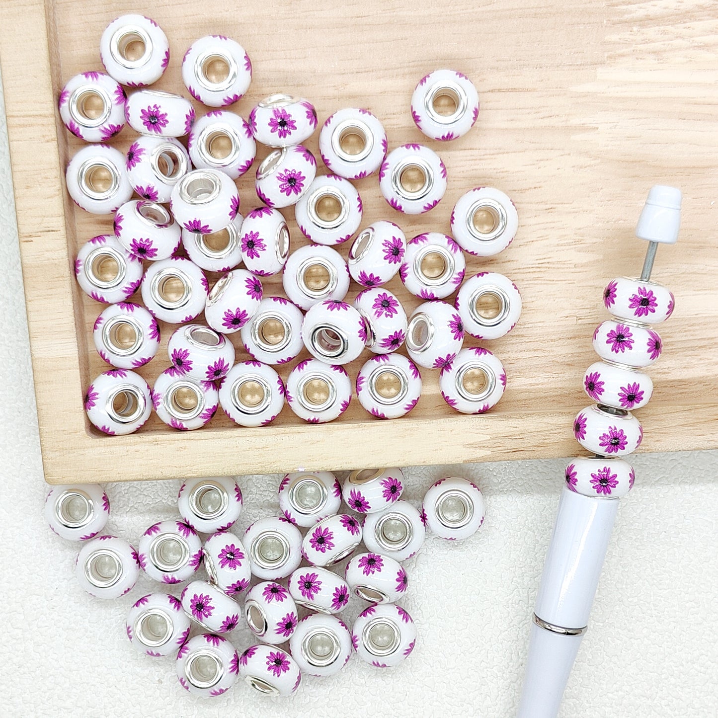 50Pcs Purple Daisy European Large Hole Beads,Floral Spacer Beads