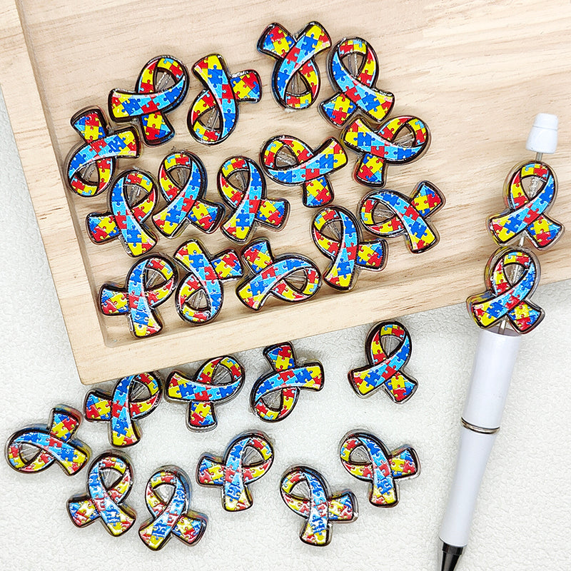 Autism Awareness Ribbon Shape Acrylic Beads,Puzzle Bead