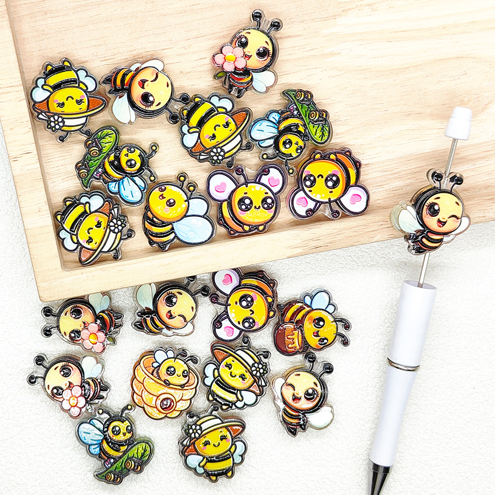 Cartoon Bee Acrylic Focal Flat Beads Assorted