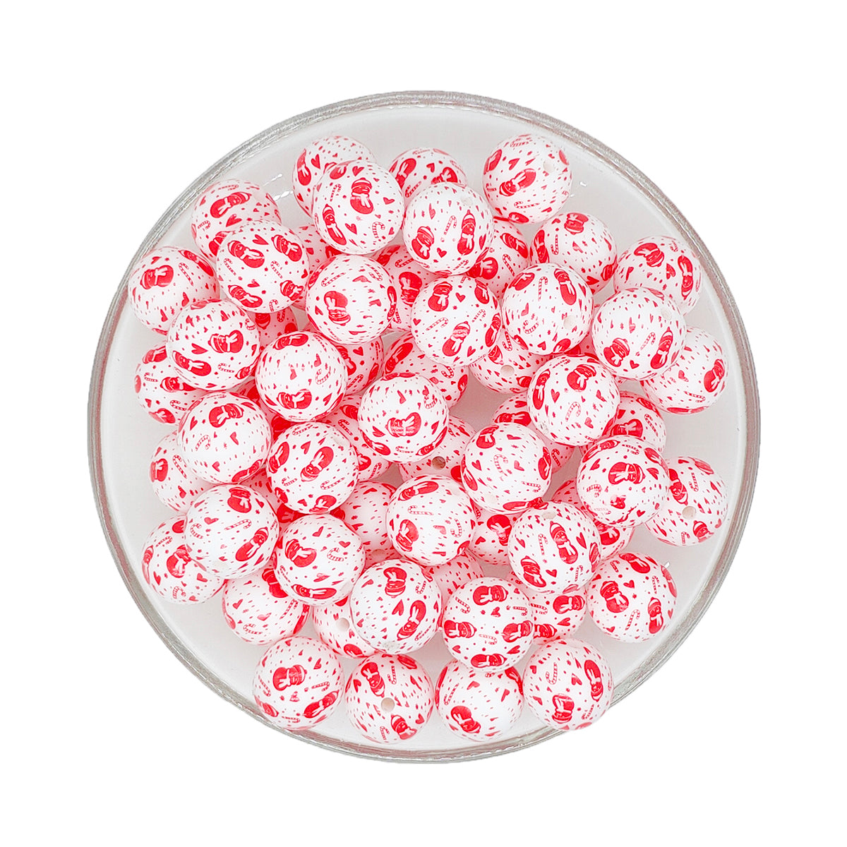 15mm Red Snowman Print Round Silicone Beads