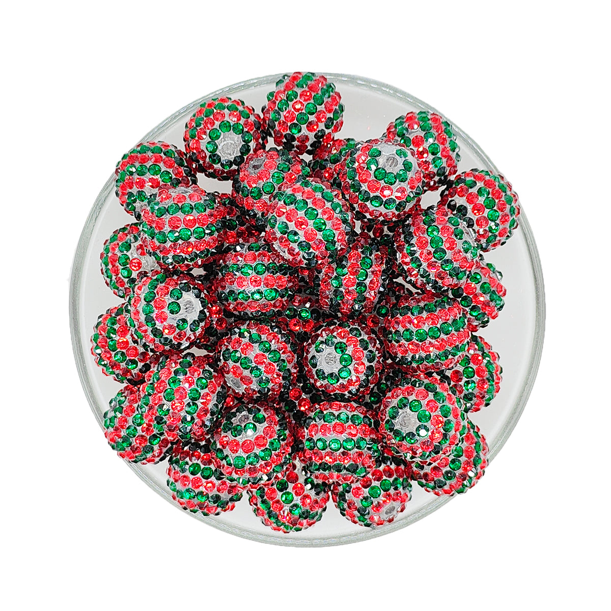 20mm Christmas Red Green Striped Rhinestone Bubblegum Acrylic Beads