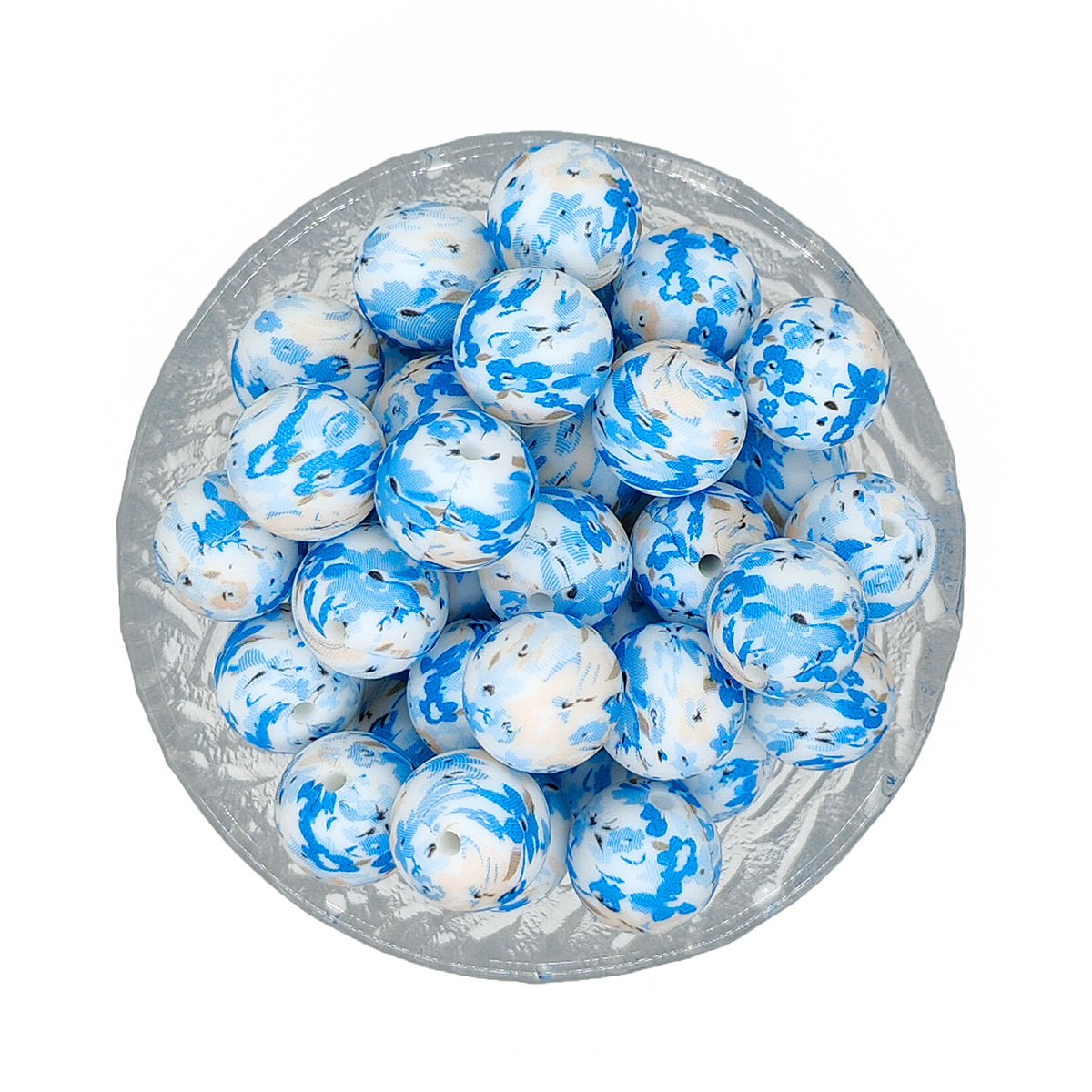 15mm Blue Myosotis Print Round Silicone Beads