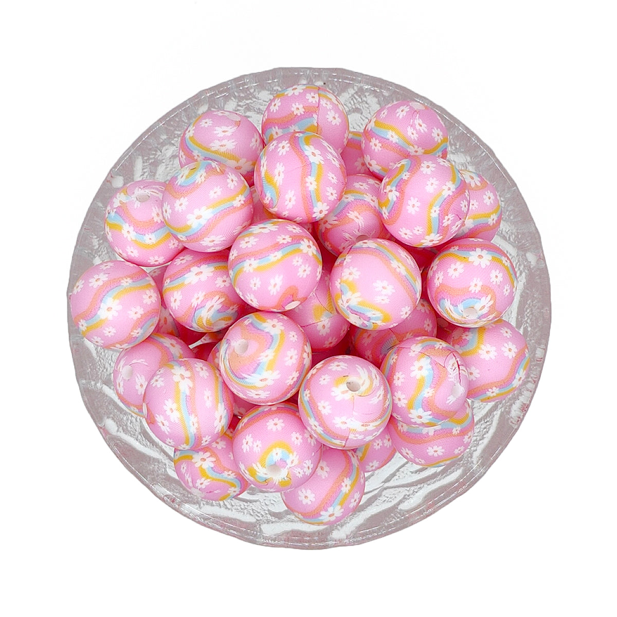 15mm Rainbow Daisy Print Round Silicone Beads