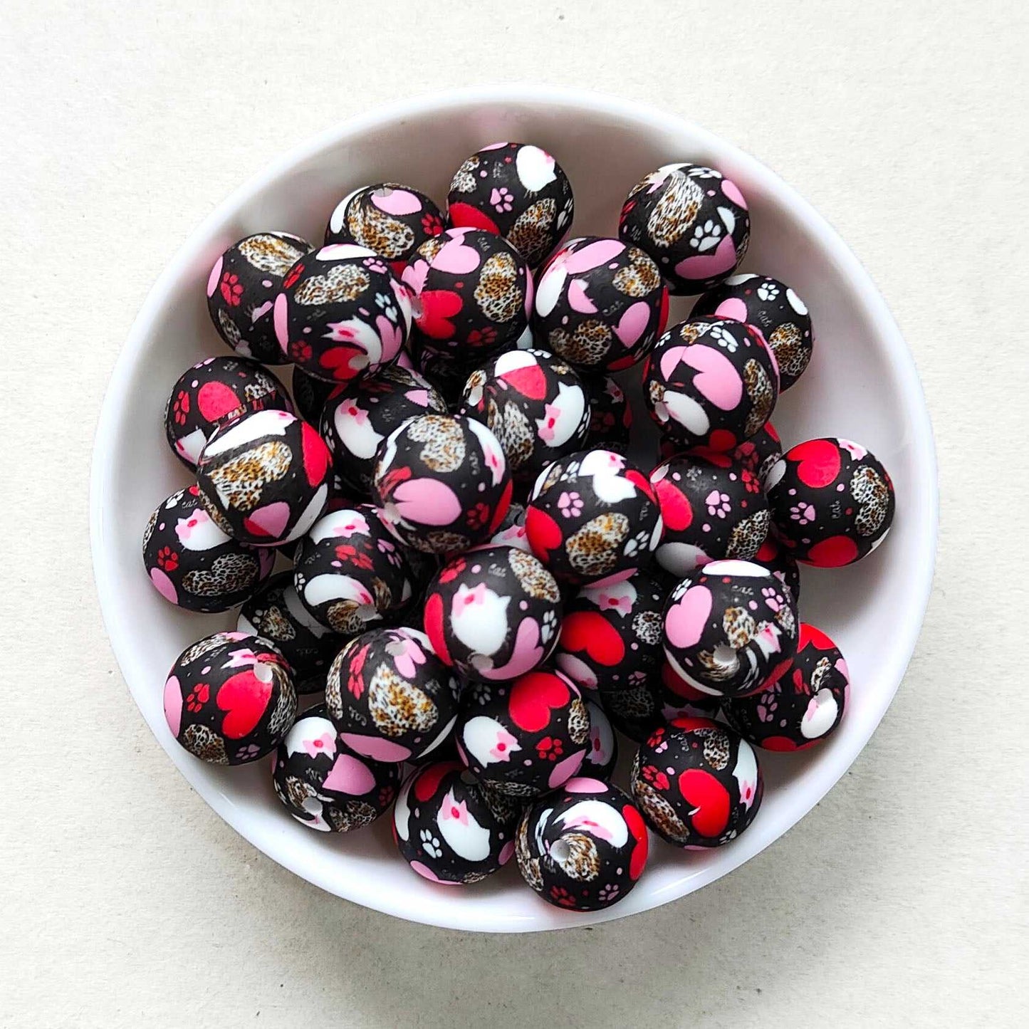 12/15mm Heart Print Silicone Beads - Round - #127