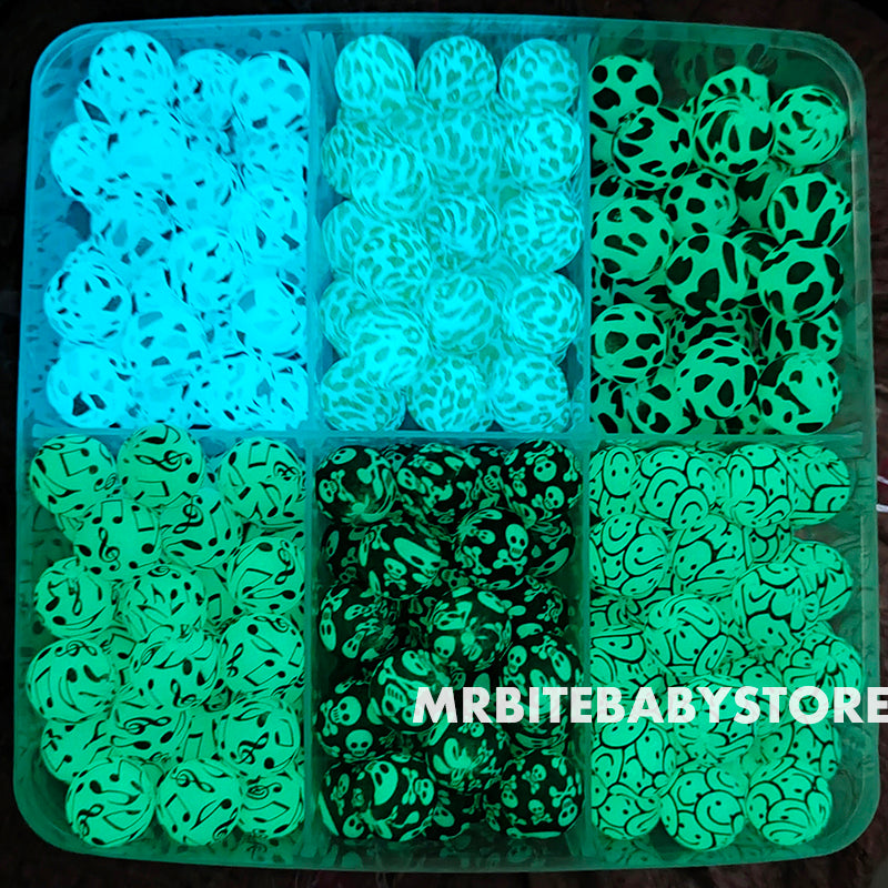 15mm Glow In The Dark/Luminous Print Silicone Beads - Round