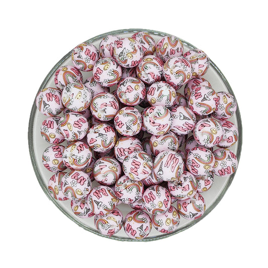 15mm Rainbow RN Print Round Silicone Beads