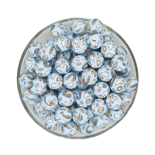 15mm Rainbow Teeth Print Round Silicone Beads