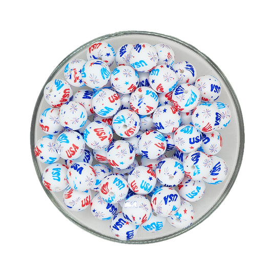 15mm USA Print Round Silicone Beads