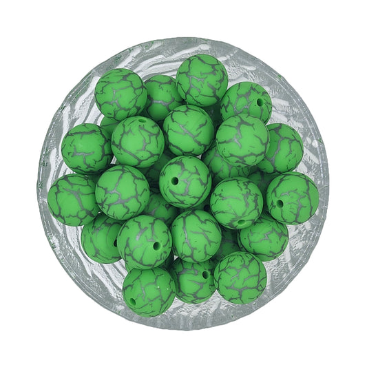 15mm Green Crack Print Round Silicone Beads