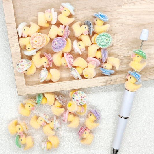 Flocked Yellow Duck Cowboy Hat Acrylic Beads Animal Beads