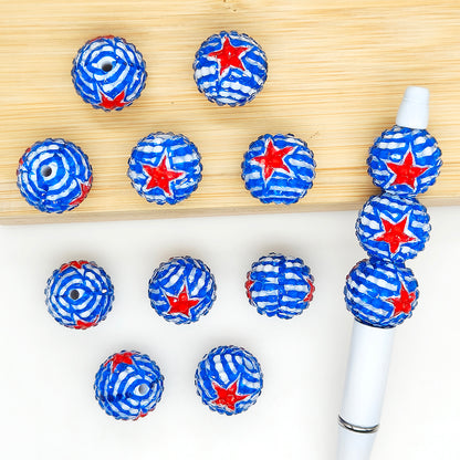 20mm Red/Blue Stripe Star Rhinestone Bubblegum Acrylic Beads