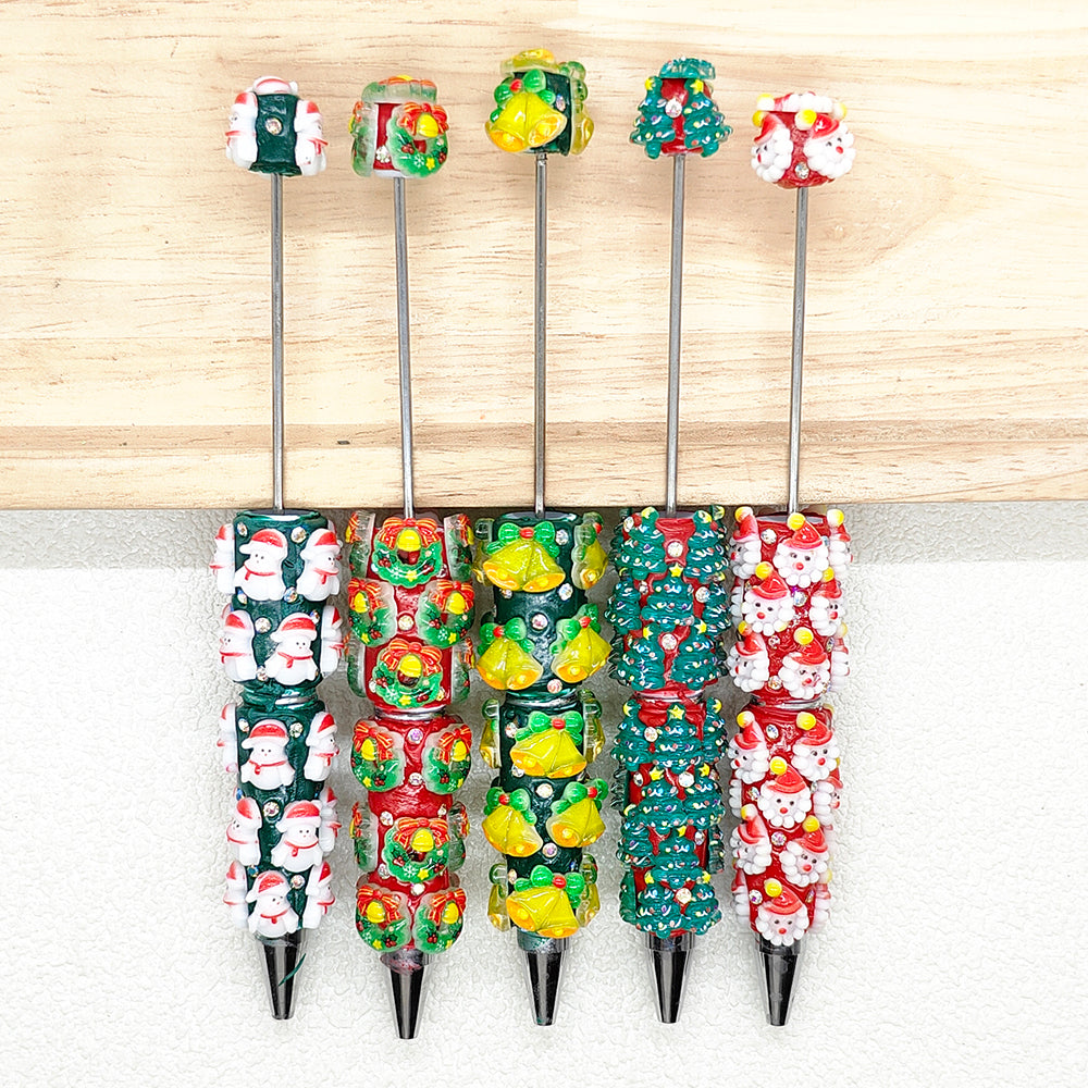 5Pcs Christmas Pen Set,Winter Santa Snowman Beadable Pen