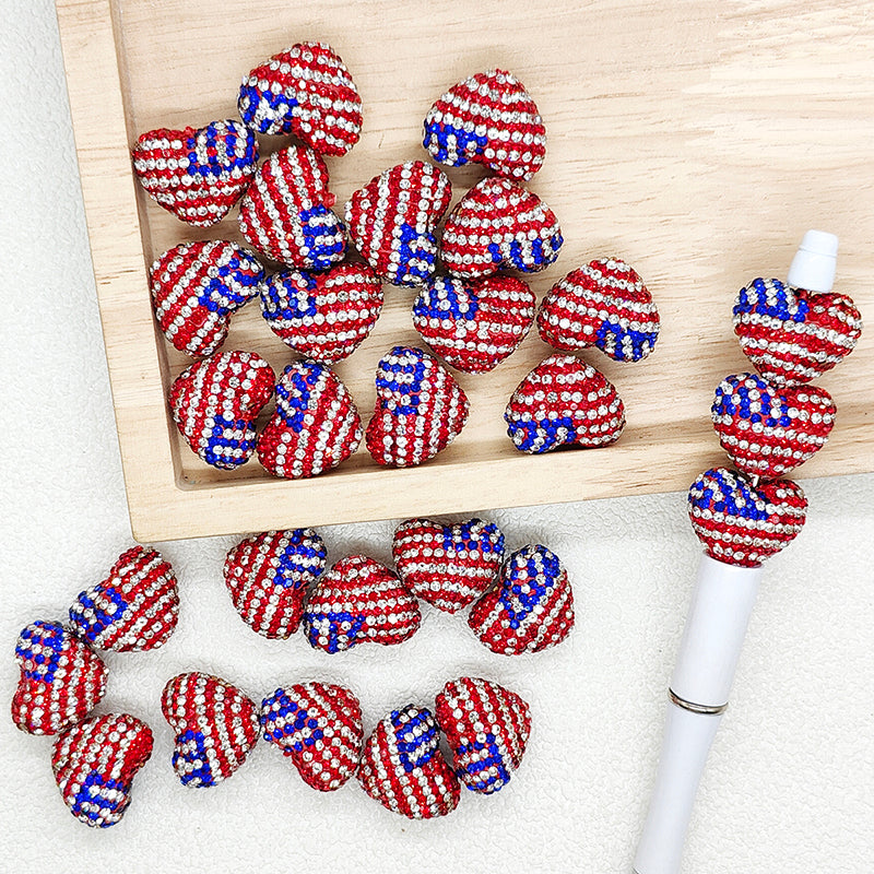 Sparkly Rhinestone Heart Patriotic Polymer Clay Beads