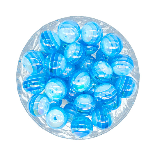 16mm UV Opal Blue Stripe Gumball Acrylic Beads