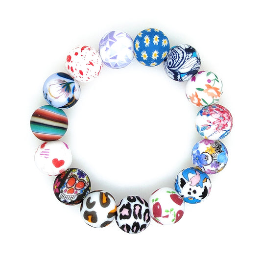 15mm Round Print Silicone Beads