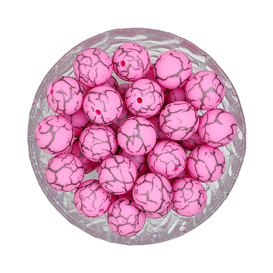 15mm Pink Crack Print Round Silicone Beads