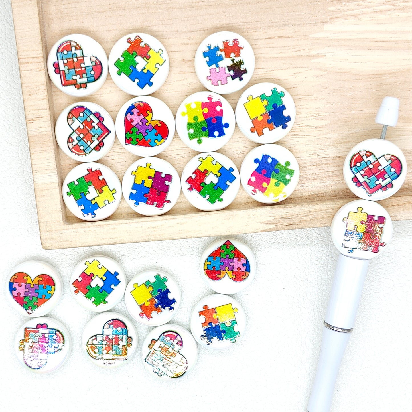 Autism Awareness Puzzle Beads,Flat Round Acrylic Beads
