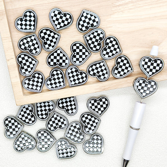 Black White Checkered Heart Flat Acrylic Loose Beads