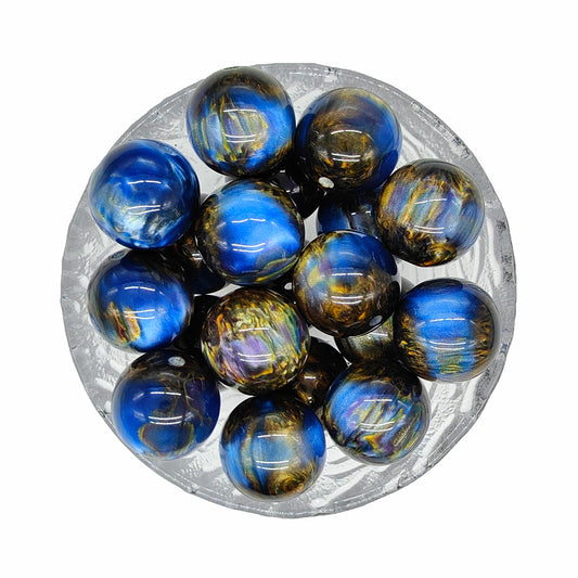 20mm Blue Gold Swirl Chunky Bubblegum Acrylic Beads