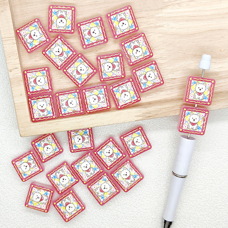 Cartoon Dog Print Square Acrylic Beads,Bulk Loose Beads