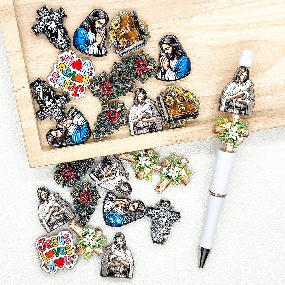 Christian Assorted Acrylic Jesus Cross Shape Flat Beads