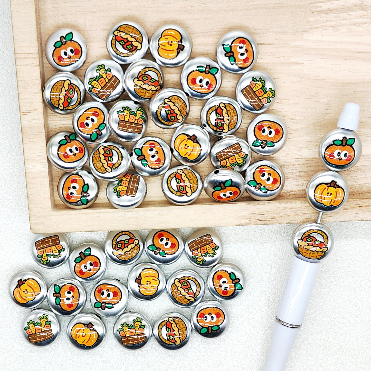 Flat Round Silver Pumpkin Print Acrylic Beads