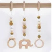 3Pcs/Set Natural Wooden Elephant Baby Gym Hanging Toy Set
