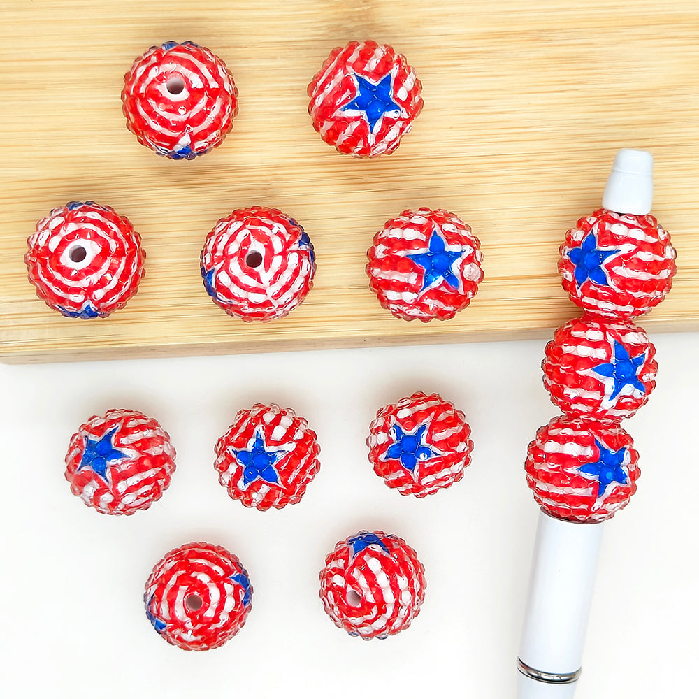 20mm Red/Blue Stripe Star Rhinestone Bubblegum Acrylic Beads