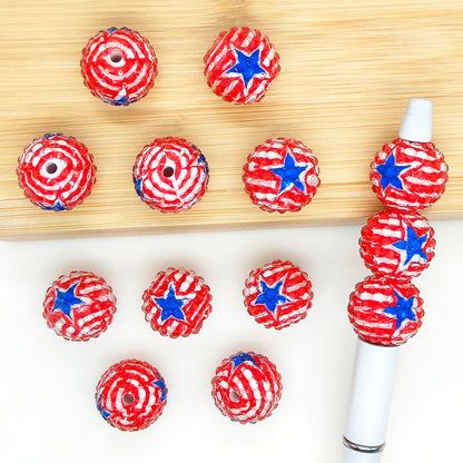 20mm Red/Blue Stripe Star Rhinestone Bubblegum Acrylic Beads