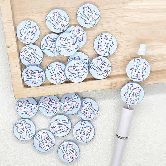 Flat Round Baseball Team Acrylic Focal Beads