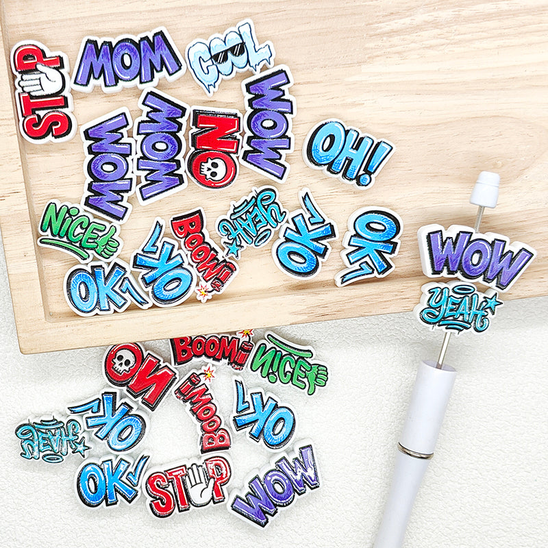 Graffiti Word Print Assorted Acrylic Beads