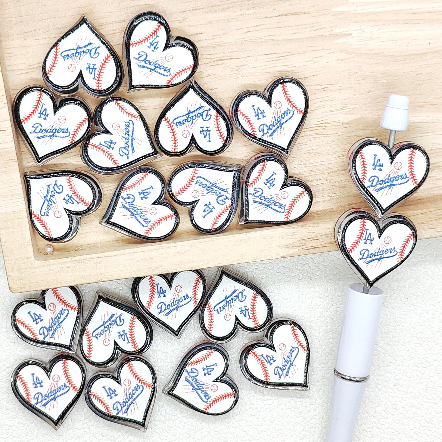Heart Baseball Team Acrylic Focal Beads