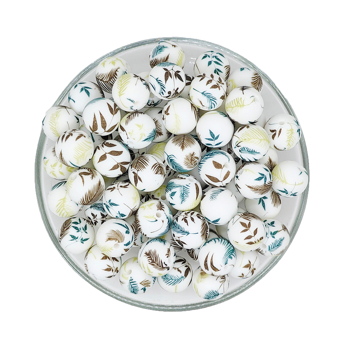 15mm Feather Leaf Print Round Silicone Beads