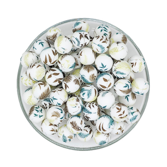 15mm Feather Leaf Print Round Silicone Beads