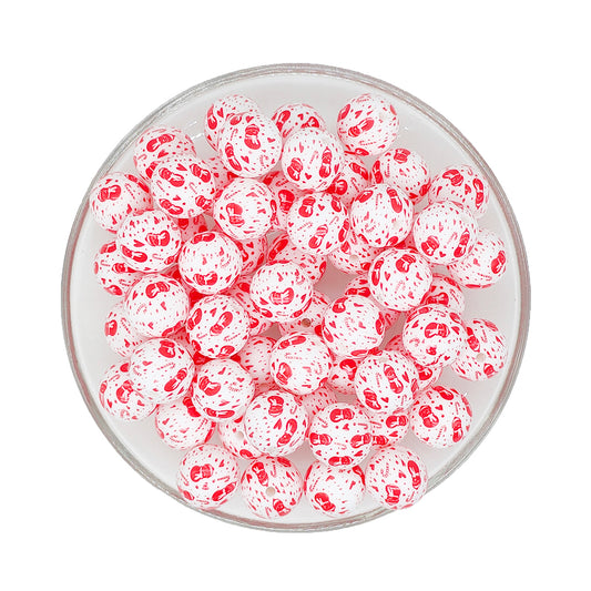 15mm Red Snowman Print Round Silicone Beads