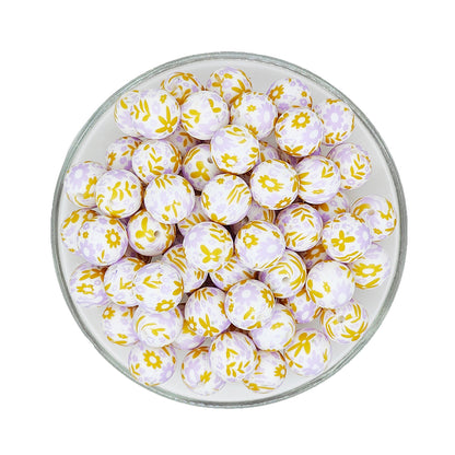 15mm Yellow Purple Floral Print Round Silicone Beads