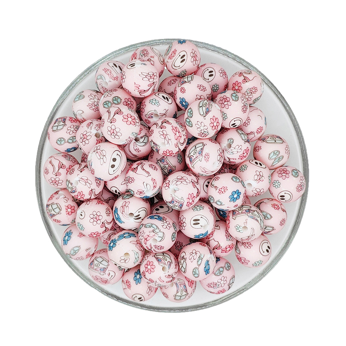 15mm Peace Truck Print Round Silicone Beads