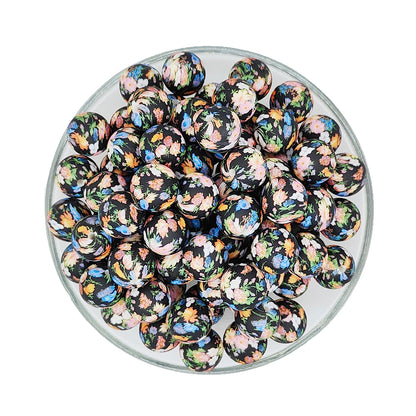 15mm Grape Floral Print Round Silicone Beads