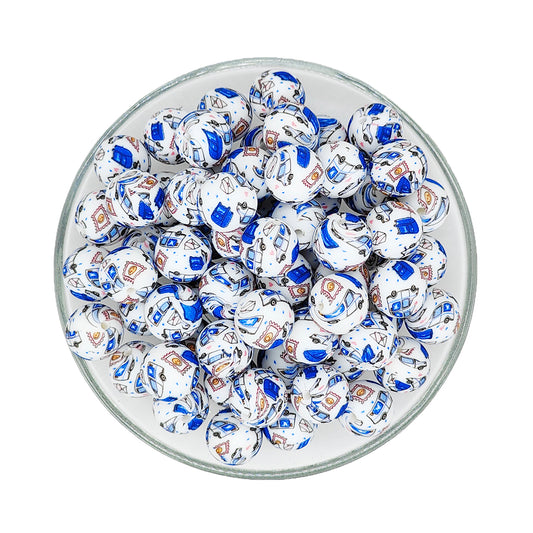 15mm Mail Truck Print Round Silicone Beads