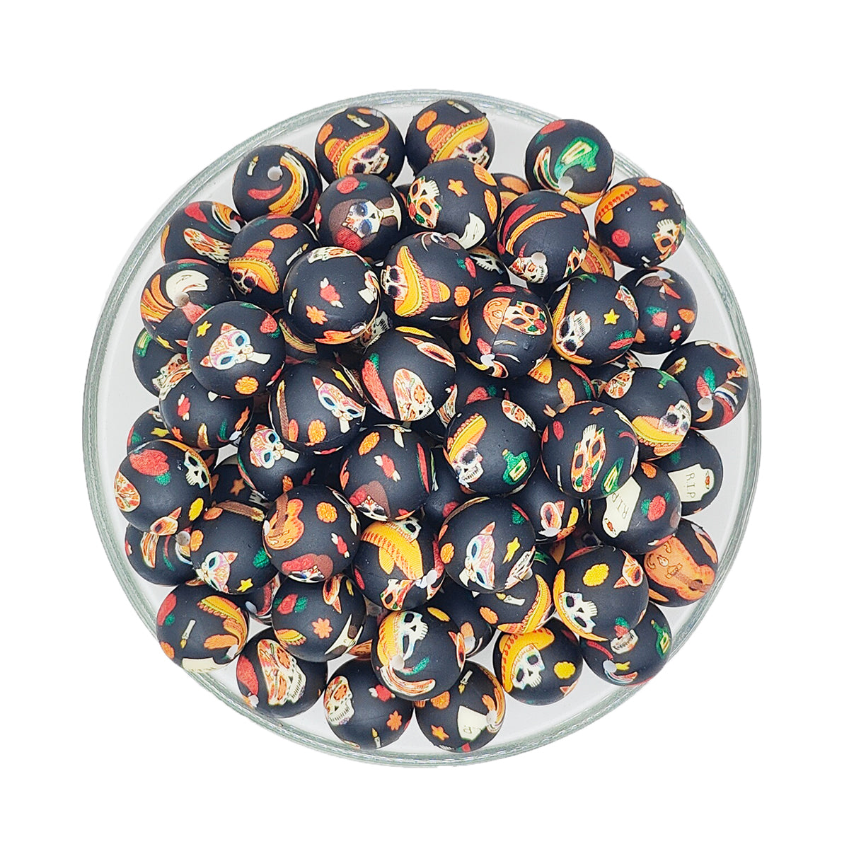 15mm Black Halloween Print Round Silicone Beads