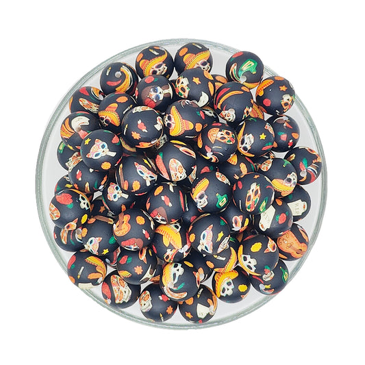 15mm Black Halloween Print Round Silicone Beads