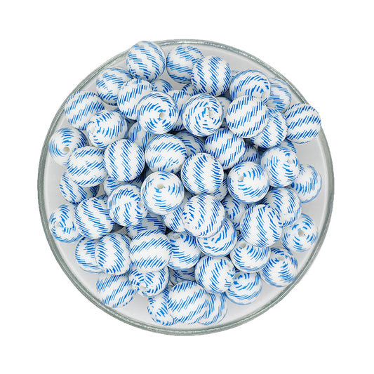 15mm Blue Swirl Line Print Round Silicone Beads