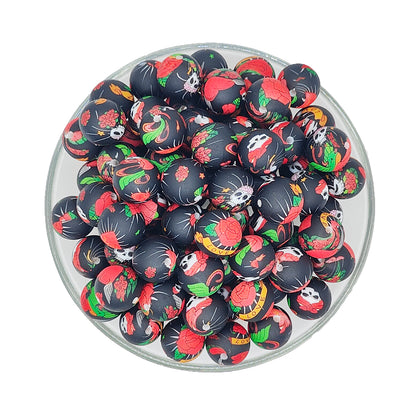 15mm Skull Rose Print Round Silicone Beads