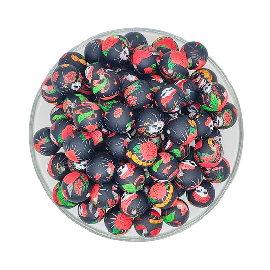 15mm Skull Rose Print Round Silicone Beads