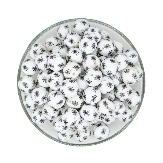 15mm Spooky Cobweb Print Round Silicone Beads