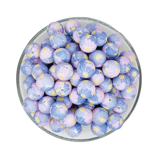 15mm Purple Floral Ball Print Round Silicone Beads