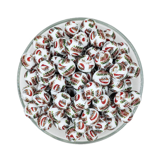15mm Christmas Hat Skull Print Round Silicone Beads