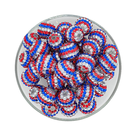 20mm Patriotic Red Blue Striped Rhinestone Bubblegum Acrylic Beads